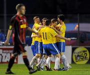 20 April 2012; Stephen Maher, second from right, Monaghan United, celebrates with team-mates after scoring his side's first goal. Airtricity League Premier Division, Bohemians v Monaghan United, Dalymount Park, Dublin. Picture credit: Brian Lawless / SPORTSFILE