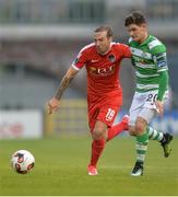 7 August 2017; Karl Sheppard of Cork City in action against Trevor Clarke of Shamrock Rovers during the EA Sports Cup semi-final match between Shamrock Rovers and Cork City at Tallaght Stadium, in Dublin.  Photo by Piaras Ó Mídheach/Sportsfile