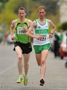 22 April 2012; Eventual winner Sean Hehir, Rathfarnham WSAF A.C., left, and Simon Ryan , Raheny Shamrock A.C., in action during the Senior Mens race.The Woodie’s DIY Road Relay Championships of Ireland. St. Anne's Park, Raheny, Co. Dublin. Picture credit: Tomas Greally / SPORTSFILE