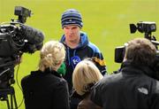 23 April 2012; Leinster's Jonathan Sexton speaking to the media during a press conference ahead of their Heineken Cup Semi-Final against ASM Clermont Auvergne on Sunday. Leinster Rugby Squad Press Conference, RDS, Ballsbridge, Dublin. Picture credit: Stephen McCarthy / SPORTSFILE