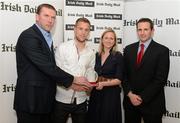 16 April 2012; Jonny Cooper, DCU, is presented with the Irish Daily Mail Gaelic Football Future Champions 2012 award by Irish Daily Mail GAA columnist Liam Hayes, left, Niamh Nic Liam, marketing manager Irish Daily Mail and, right, Chairman Comhairle Ardoideachais Ray O'Brien. Irish Daily Mail Future Champions Awards 2012, Croke Park, Dublin. Photo by Sportsfile