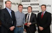 16 April 2012; Pauric Mahoney, UCC, is presented with the Irish Daily Mail Hurling Future Champions 2012 award by Irish Daily Mail GAA columnist Liam Hayes, left, Joe Callaghan, sports editor Irish Daily Mail, and, right, Chairman Comhairle Ardoideachais Ray O'Brien. Irish Daily Mail Future Champions Awards 2012, Croke Park, Dublin. Photo by Sportsfile