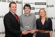 16 April 2012; Josh Ward accepting the Irish Daily Mail Gaelic Football Future Champions 2012 award on behalf of Michael Boyle, DCU, from Niamh Nic Liam, marketing manager Irish Daily Mail, right, and Chairman Comhairle Ardoideachais Ray O'Brien. Irish Daily Mail Future Champions Awards 2012, Croke Park, Dublin. Photo by Sportsfile