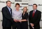 16 April 2012; Kevin Fitzgerald, TCD, is presented with the Irish Daily Mail Gaelic Football Future Champions 2012 award by Irish Daily Mail GAA columnist Liam Hayes, left, Niamh Nic Liam, marketing manager Irish Daily Mail, and, right, Chairman Comhairle Ardoideachais Ray O'Brien. Irish Daily Mail Future Champions Awards 2012, Croke Park, Dublin. Photo by Sportsfile