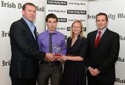 16 April 2012; Sean Denvir, NUIM, is presented with the Irish Daily Mail Gaelic Football Future Champions 2012 award by Irish Daily Mail GAA columnist Liam Hayes, left, Niamh Nic Liam, marketing manager Irish Daily Mail, and, right, Chairman Comhairle Ardoideachais Ray O'Brien. Irish Daily Mail Future Champions Awards 2012, Croke Park, Dublin. Photo by Sportsfile