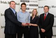 16 April 2012; Conor Brophy, NUIM, is presented with the Irish Daily Mail Gaelic Football Future Champions 2012 award by Irish Daily Mail GAA columnist Liam Hayes, left, Niamh Nic Liam, marketing manager Irish Daily Mail, and, right, Chairman Comhairle Ardoideachais Ray O'Brien. Irish Daily Mail Future Champions Awards 2012, Croke Park, Dublin. Photo by Sportsfile