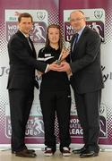 25 April 2012; Rebecca Creagh, Raheny United, is presented with her Bus Éireann Women’s National League Player of the Month for April 2012 by Andrew Mclindom, PR Manager with Bus Eireann, left, and Fran Gavin, League Director. FAI Headquarters, Abbotstown, Dublin. Picture credit: Matt Browne / SPORTSFILE