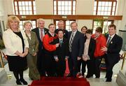 25 April 2012; An Taoiseach Enda Kenny T.D. with Cian O'Connor, a menber of the Blackrock Flyers Special Olympics Club, and who was the Taoiseach's 'shadow' for the day, are joined by Special Olympics athletes Mark Claffey, Elizabeth Mair, and Killian Moran, alongside Matt English, CEO Special Olympics Ireland, Fine Gael T.D. for Meath East Regina Doherty, Senator Kathryn O’Reilly, Sinn Fein, Sligo-Leitrim, Senator Mary Moran, Labour, from Blackrock who lives in Haggardstown, Dundalk, Clare T.D. Timmy Dooley and Dublin Independent T.D. Finian McGrath at Government Buildings ahead of Special Olympics Ireland’s Annual Collection Day on Friday April 27th. This is the biggest annual fundraising event in aid of Special Olympics Ireland and will see more than 4,000 volunteers take to the streets in over 200 locations throughout Ireland on the day. Government Buildings, Upper Merrion Street, Dublin. Picture credit: Ray McManus / SPORTSFILE