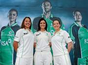 26 April 2012; In attendance at the launch of the new O'Neills Irish cricket Kit are, from left, Elena Tice, Emma Flanagan and Isobel Joyce from the Ireland ladies team. Elverys Sports, Dundrum Town Centre, Dublin. Picture credit: Matt Browne / SPORTSFILE