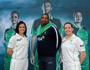 26 April 2012; In attendance at the launch of the new O'Neills Irish cricket kit are Ireland cricket coach Phil Simmons with Irish Internationals Emma Flanagan, left, and Isobel Joyce. Elverys Sports, Dundrum Town Centre, Dublin. Picture credit: Matt Browne / SPORTSFILE