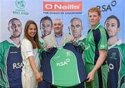 26 April 2012; In attendance at the launch of the new O'Neills Irish cricket kit are Cormac Farrell, from O'Neills Sports, with Irish internationals Elena Tice and Kevin O'Brien. Elverys Sports, Dundrum Town Centre, Dublin. Picture credit: Matt Browne / SPORTSFILE