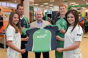 26 April 2012; In attendance at the launch of the new O'Neills Irish cricket kit are Cormac Farrell, from O'Neills Sports, with Irish internationals, from left, Elena Tice, Max Sorensen, Kevin O'Brien and Emma Flanagan. Elverys Sports, Dundrum Town Centre, Dublin. Picture credit: Matt Browne / SPORTSFILE