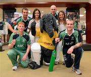 26 April 2012; In attendance at the launch of the new O'Neills Irish cricket kit are the Elverys Sports mascot with Irish internationals, from left, Kevin O'Brien, Max Sorensen, Emma Flanagan, Trent Johnson, Elena Tice and John Mooney. Elverys Sports, Dundrum Town Centre, Dublin. Picture credit: Matt Browne / SPORTSFILE
