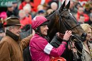 26 April 2012; Jockey Davy Russell with Tofino Bay and trainer Dessie Hughes after winning the Stephens Green Hibernian Club Hurdle. Punchestown Racing Festival, Punchestown Racecourse, Punchestown, Co. Kildare. Picture credit: Barry Cregg / SPORTSFILE