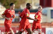 27 April 2012; Sligo Rovers' Joseph Ndo, centre, celebrates with team-mates Ross Gaynor, left, and Danny North after St Patrick's Athletic's Kenny Brown scored an own goal. Airtricity League Premier Division, Sligo Rovers v St Patrick's Athletic, The Showgrounds, Sligo. Picture credit: David Maher / SPORTSFILE
