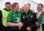 28 April 2012; An Taoiseach Enda Kenny T.D. and Republic of Ireland manager Giovanni Trapattoni ahead of the Enda's Trek with Trap's Green Army Charity Climb. Croagh Patrick, Murrisk, Carrowmacloughlin, Co. Mayo. Picture credit: Matt Browne / SPORTSFILE
