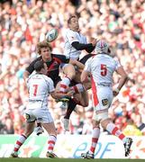 28 April 2012; Stefan Terblanche, Ulster, supported by is tackled by Willie Faloon, left, and Dan Tuohy contests a high ball with David Denton, Edinburgh. Heineken Cup Semi-Final, Ulster v Edinburgh, Aviva Stadium, Lansdowne Road, Dublin. Picture credit: Brendan Moran / SPORTSFILE