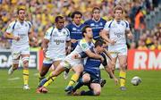 29 April 2012; Jonathan Sexton, Leinster, is tackled by Morgan Parra, ASM Clermont Auvergne. Heineken Cup Semi-Final, ASM Clermont Auvergne v Leinster, Stade Chaban Delmas, Bordeaux, France. Picture credit: Brendan Moran / SPORTSFILE