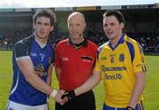 21 April 2012; Referee Cormac Reilly with Cavan captain Michael Brady, left, and Roscommon captain Paddy Brogan. Cadburys GAA Football All-Ireland Under 21 Championship Semi-final, Roscommon v Galway, Glennon Brothers Pearse Park, Co. Longford. Picture credit: Oliver McVeigh / SPORTSFILE