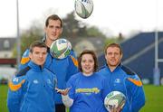 1 May 2012; Juggling Success : Leinster heroes and now Heineken Cup finalists Gordon D’Arcy, Devin Toner and Sean Cronin in training with Lisa Callan, of St. MacDara’s Community College, Templeogue, Dublin, who was one of the winners of a fundraising competition to help bring more children affected by childhood cancer to Barretstown. Leinster Rugby, RDS, Ballsbridge, Dublin. Picture credit: Brendan Moran / SPORTSFILE