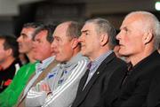 1 May 2012; Tyrone manager Mickey Harte, second from right, alongside, from left to right, Donegal managerJim McGuinness, Cavan manager Terry Hyland, Monaghan manager Eamon McEneaney and Antrim manager Liam Bradley at the Ulster GAA Senior Football Championship & Ulster Ladies Football launch 2012. Titanic Suite, Titanic Signature Building, Belfast, Co. Antrim. Picture credit: Oliver McVeigh / SPORTSFILE
