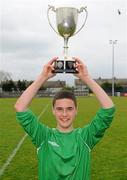 2 May 2012; St. Eunan’s College captain Ciaran Maloney lifts the cup. UMBRO FAI Schools Minor Boys All-Ireland Cup Final, St. Eunan’s College, Letterkenny, Co. Donegal, v De La Salle College, Waterford, Oscar Traynor Centre, Coolock, Dublin. Picture credit: Brian Lawless / SPORTSFILE