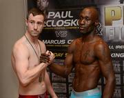 4 May 2012; Boxers Paul McCloskey, left, and DeMarcus Corley during the weigh-in ahead of their WBC Light Welterweight Eliminator bout against on Saturday night. King's Hall, Belfast, Co. Antrim. Picture credit: Oliver McVeigh / SPORTSFILE