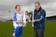 9 May 2012; All three Bord Gáis Energy Ladies NFL Finals will be held in Parnell Park on Saturday, 12th May, and all three finals will be broadcast live on TG4. At 1.15pm, in the Division 3 final Leitrim take on Westmeath. In the Division 2 final at 3.00pm Mayo take on Galway, while at 4.45pm in the Division 1 final Cork take on Monaghan. At a photocall ahead of the finals are Monaghan manager Gregory McMonagle and Sharon Courtney, Monaghan. Parnell Park, Donnycarney, Dublin. Picture credit: Brian Lawless / SPORTSFILE