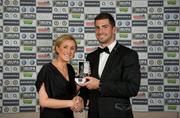 9 May 2012; Rob Kearney of Leinster is presented with the Newstalk Supporters Player of the Year by Emma Gavagan, Head of Marketing, Newstalk, at the 10th IRUPA Rugby Players’ Awards. 2012 IRUPA Rugby Player Awards, The Burlington Hotel, Dublin. Picture credit: Brendan Moran / SPORTSFILE