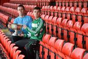 11 May 2012; Paul Murphy, right, Sheriff YC, and Gavin Goughran, Kilbarrack United, pictured with the FAI Umbro Junior Cup. Sheriff YC and Kilbarrack United will both appear in the FAI Umbro Junior Cup for the first time when they face each other in the all –AUL final in Tolka Park at 2.30pm on Saturday, May 19th. Tolka Park, Dublin. Picture credit: Brian Lawless / SPORTSFILE