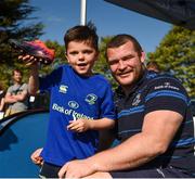 17 August 2017; Leinster's Jack McGrath pictured with Daniel Sweeney, age 8, after signing an autograph on his right boot during the Bank of Ireland Leinster Rugby Summer Camp at Clontarf RFC in Castle Avenue, Clontarf, Dublin. Photo by Cody Glenn/Sportsfile