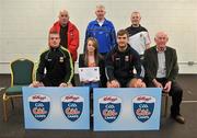 11 May 2012; Katelyn Molloy, from Achill, Co. Mayo, who received her Kellogs Cúl Camps certificate during a Mayo GAA Open Day 2012 pictured with Mayo players Danny Kirby, left, and Aidan O'Shea, right, and Hugh Rudden, Mayo Coaching Officer, and back row, from left, Paddy McNicholas, Chairman of Mayo County Board, Eugene Lavin, Mayo Gaels Promotion Officer, and Billly McNicholas, Mayo Games Officer. Elverys MacHale Park, Castlebar, Co Mayo. Picture credit: Barry Cregg / SPORTSFILE