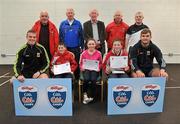 11 May 2012; Cillian Redmond, left, Sive Larkin and Finian Bourke, from Ballintubber, Co. Mayo, who received their Kellogs Cúl Camps certificates during a Mayo GAA Open Day 2012 pictured with Mayo players Danny Kirby, left, and Aidan O'Shea, right, and back row, from left, Paddy McNicholas, Chairman of Mayo County Board, Eugene Lavin, Mayo Gaels Promotion Officer, Hugh Rudden, Mayo Coaching Officer, Mike Fitzmaurice, Mayo Coach, and Billly McNicholas, Mayo Games Officer. Elverys MacHale Park, Castlebar, Co Mayo. Picture credit: Barry Cregg / SPORTSFILE