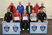 11 May 2012; Evan Ronane, left, Eilis Ronane and James Frizzell, from Garrymore, Co. Mayo, who received their Kellogs Cúl Camps certificates during a Mayo GAA Open Day 2012 pictured with Mayo players Danny Kirby, left, and Aidan O'Shea, right, and back row, from left, Paddy McNicholas, Chairman of Mayo County Board, Eugene Lavin, Mayo Gaels Promotion Officer, Hugh Rudden, Mayo Coaching Officer, Mike Fitzmaurice, Mayo Coach, and Billly McNicholas, Mayo Games Officer. Elverys MacHale Park, Castlebar, Co Mayo. Picture credit: Barry Cregg / SPORTSFILE