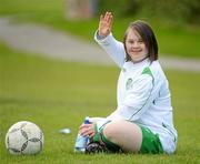 12 May 2012; Tara Shea, a member of the 'Eastern 5-a-side' team, waves to her friends after being substituted late in the game. Special Olympics Ireland National Football Cup Finals, Eastern v Foyle, at St. Joseph’s Boys FC, Sallynoggin, Co. Dublin. Picture credit: Ray McManus / SPORTSFILE