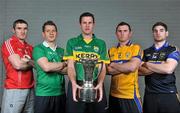 14 May 2012; In attendance of the launch of the Munster GAA Hurling and Football Championships 2012 are footballers, from left to right, Graham Canty, Cork, Pa Ranahan, Limerick, Eoin Brosnan, Kerry, Alan Clohessy, Clare, and Philip Austin, Tipperary. Mallow GAA Complex, Mallow, Co. Cork. Picture credit: Barry Cregg / SPORTSFILE