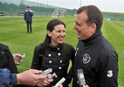 18 May 2012; Republic of Ireland assistant manager Marco Tardelli with translator Manuela Spinelli during a squad update ahead of their side's International Friendly against Bosnia & Herzegovina on Saturday 26th of May. Republic of Ireland Squad Update, Gannon Park, Malahide, Co. Dublin. Picture credit: Brian Lawless / SPORTSFILE