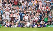 19 May 2012;  Leinster's Jonathon Sexton, 10, and Mike Ross, 3, celebrate as referee Nigel Owens signals a try by Cian Healy, who scored his side's second try of the game. Heineken Cup Final, Leinster v Ulster, Twickenham Stadium, Twickenham, England. Picture credit: Oliver McVeigh / SPORTSFILE