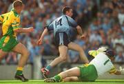 17 August 2002; Ray Cosgrove of Dublin looks on after putting the ball past Donegal goalkeeper Tony Blake to score a goal for his side during the Bank of Ireland All-Ireland Senior Football Championship Quarter-Final Replay match between Dublin and Donegal at Croke Park in Dublin. Photo by Ray McManus/Sportsfile