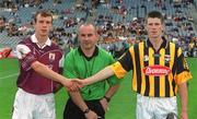 18 August 2002; Galway captain Joe Gantley shakes hands with Kilkenny captain Michael Rice, in the presence of referee John Sexton, prior to the All-Ireland Minor Hurling Championship Semi-Final match between Kilkenny and Galway at Croke Park in Dublin. Photo by Brian Lawless/Sportsfile