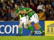 21 August 2002; Graham Barrett of Republic of Ireland celebrates with team-mate Robbie Keane, left, after scoring his side's third goal during the International Friendly match between Finland and Republic of Ireland at the Olympic Stadium in Helsinki, Finland. Photo by David Maher/Sportsfile