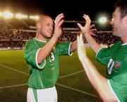 21 August 2002; Republic of Ireland players Graham Barrett, left, and Robbie Keane celebrate after the International Friendly match between Finland and Republic of Ireland at the Olympic Stadium in Helsinki, Finland. Photo by David Maher/Sportsfile