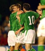 21 August 2002; Colin Healy of Republic of Ireland celebrates with team-mate Stephen McPhail and Robbie Keane, 10, after scoring his side's second goal during the International Friendly match between Finland and Republic of Ireland at the Olympic Stadium in Helsinki, Finland. Photo by David Maher/Sportsfile