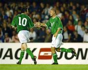 21 August 2002; Graham Barrett Republic of Ireland, right, celebrates with team-mate Robbie Keane after scoring his side's third goal during the International Friendly match between Finland and Republic of Ireland at the Olympic Stadium in Helsinki, Finland. Photo by David Maher/Sportsfile