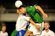 21 August 2002; Rory Delap of Republic of Ireland in action against Hannu Tihinen of Finland during the International Friendly match between Finland and Republic of Ireland at the Olympic Stadium in Helsinki, Finland. Photo by David Maher/Sportsfile