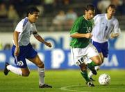 21 August 2002; Rory Delap of Republic of Ireland in action against Jari Litmanen of Finland during the International Friendly match between Finland and Republic of Ireland at the Olympic Stadium in Helsinki, Finland. Photo by David Maher/Sportsfile