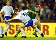 21 August 2002; Gary Doherty of Republic of Ireland in action against Hannu Tihinen of Finland during the International Friendly match between Finland and Republic of Ireland at the Olympic Stadium in Helsinki, Finland. Photo by David Maher/Sportsfile