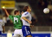 21 August 2002; Colin Healy of Republic of Ireland in action against Janne Saarinen of Finland during the International Friendly match between Finland and Republic of Ireland at the Olympic Stadium in Helsinki, Finland. Photo by David Maher/Sportsfile