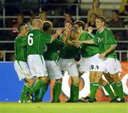 21 August 2002; Graham Barrett of Republic of Ireland, second from right, celebrates with team-mates after scoring his side's third goal during the International Friendly match between Finland and Republic of Ireland at the Olympic Stadium in Helsinki, Finland. Photo by David Maher/Sportsfile