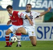 23 August 2002; Ger McCarthy of St Patrick's Athletic in action against Derek Coughlan of Bohemians during the eircom League Premier Division match between St Patrick's Athletic and Bohemians at Richmond Park in Dublin. Photo by David Maher/Sportsfile